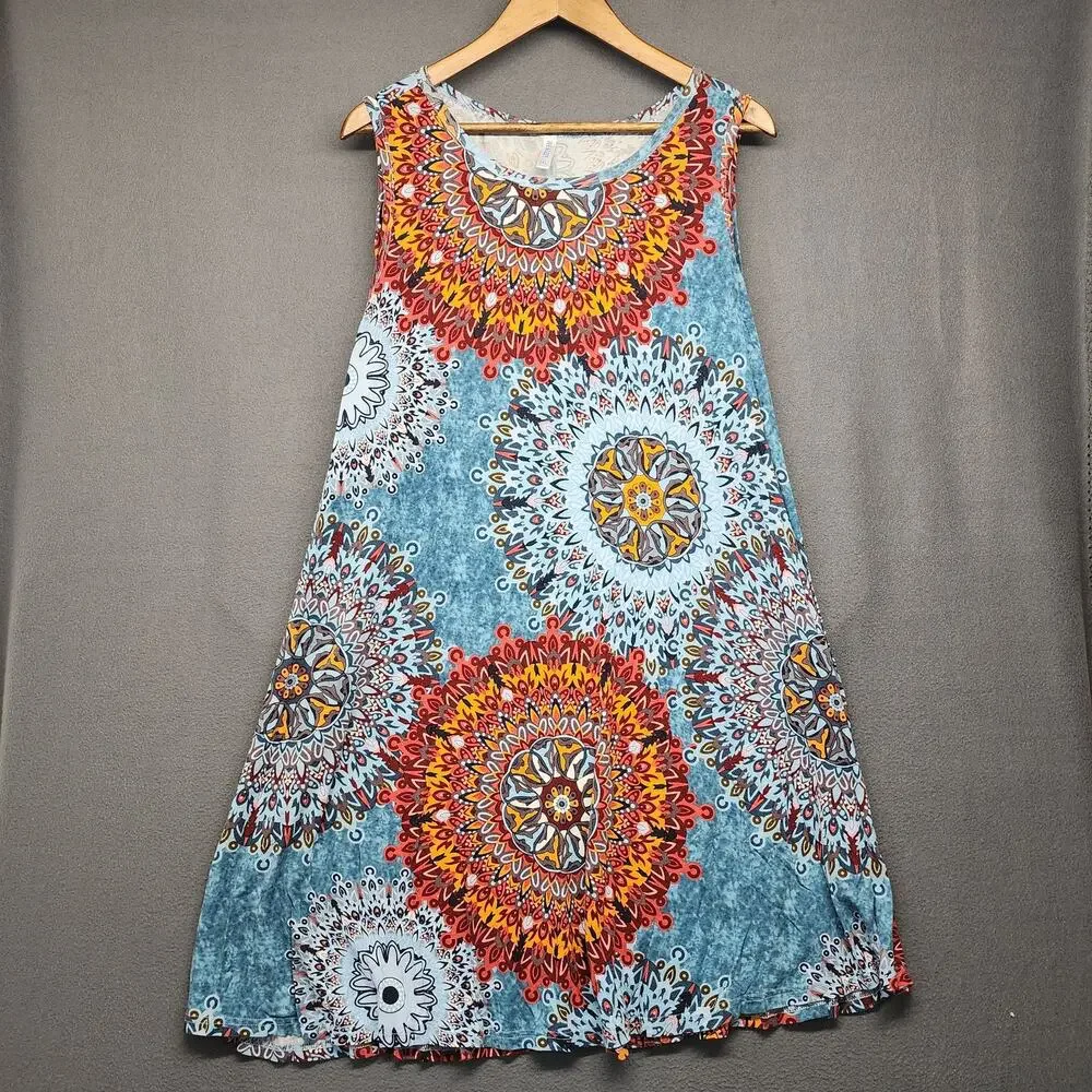 WEACZZY Dress Womens 2XL Blue Red Mandala Sleeveless Casual Boho Rayon Spandex